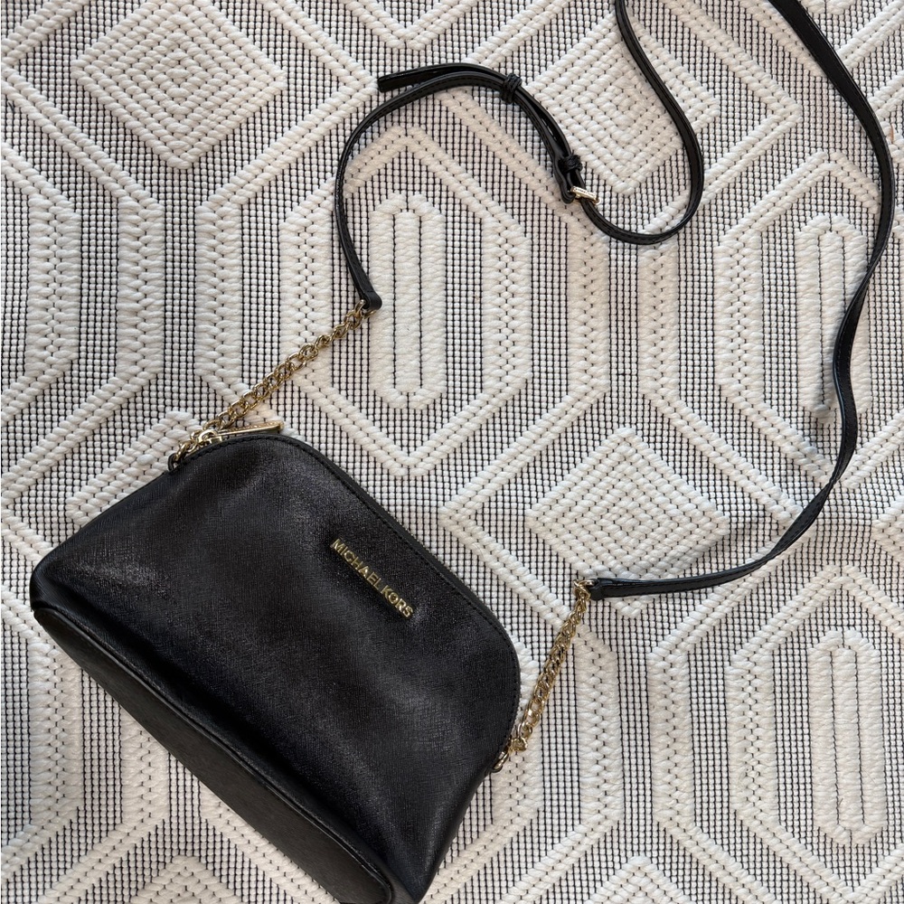 Michael Kors Black Leather Crossbody with Gold Chain Detail